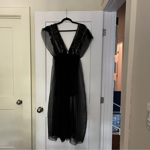 NWOT stunning gauzy witchy floaty sequined  flutter sleeved maxi dress - Picture 3 of 9